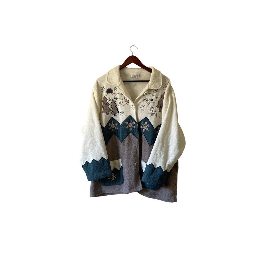 Vintage teddi fleece snowman Christmas button front cardigan‎ 2x